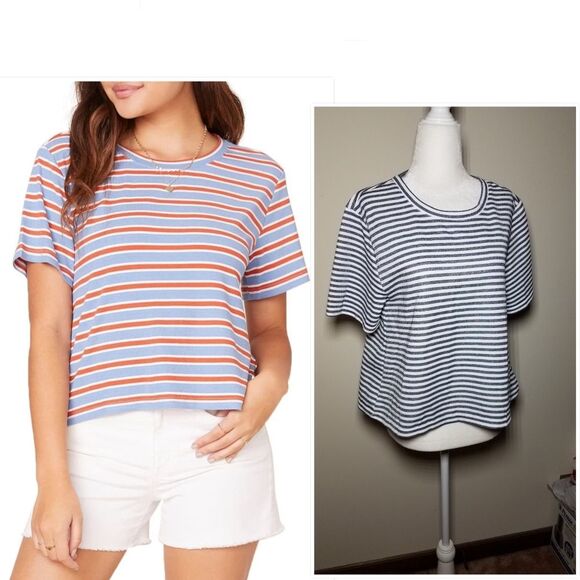 BB Dakota Tops - NWOT|BB Dakota Blue Metallic Striped Short Sleeve Top, MEDIUM